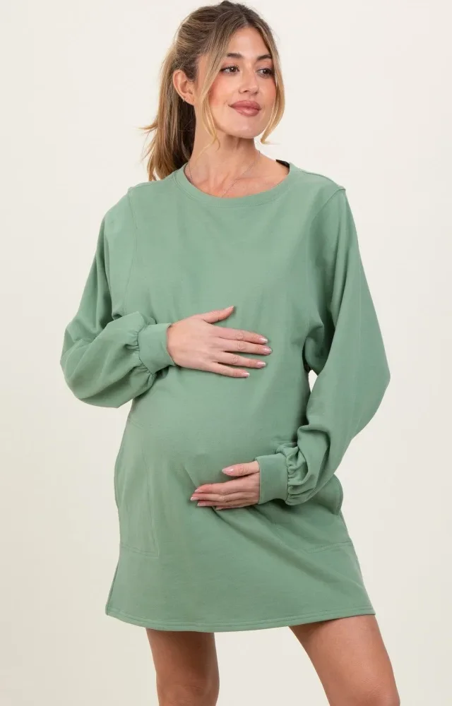 Light Olive Ultra Soft Maternity Sweatshirt Dress