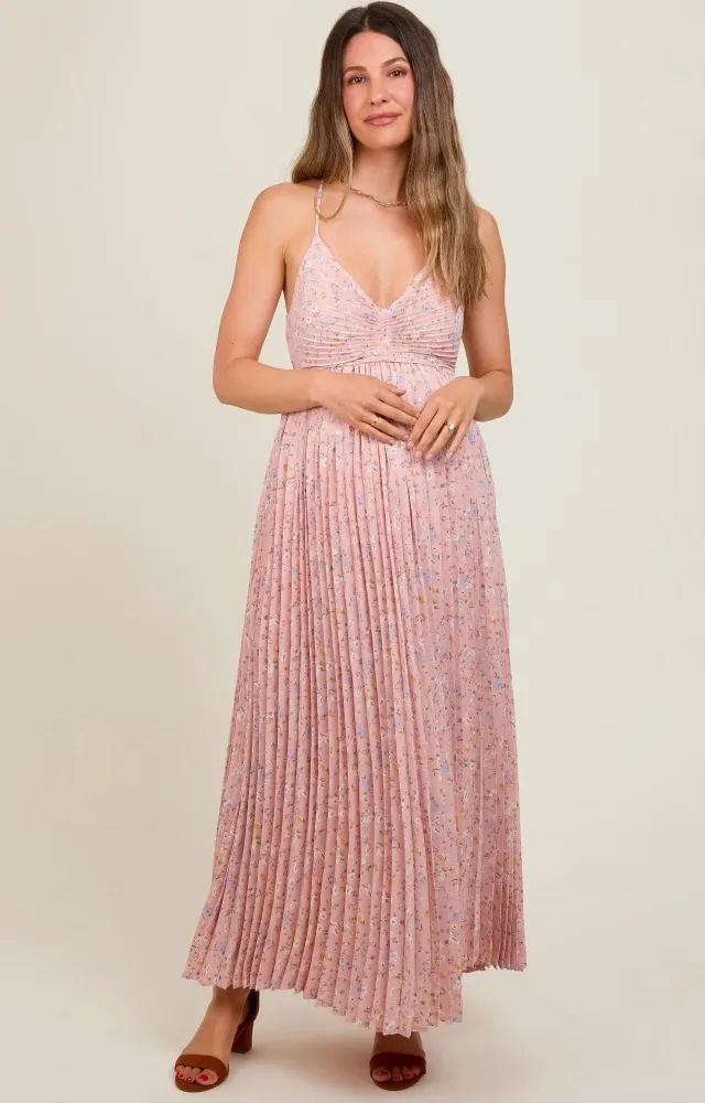 Light Pink Floral Pleated Back Cutout Maternity Maxi Dress