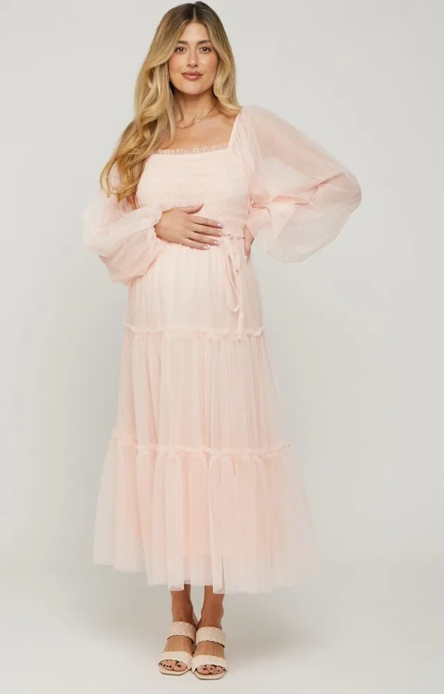 Light Pink Mesh Tiered Long Sleeve Maternity Maxi Dress