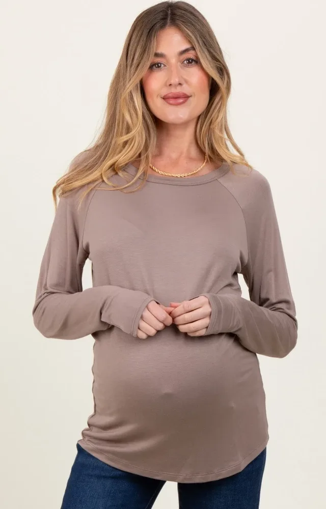 Light Taupe Basic Boatneck Maternity Long Sleeve Top