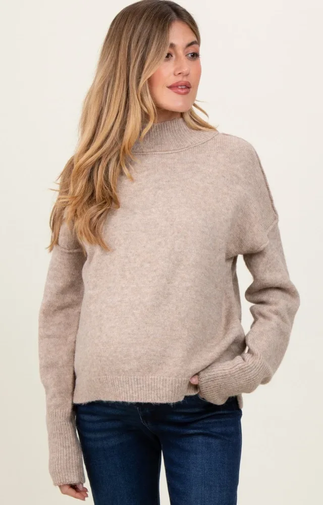 Light Taupe Mock Neck Contrast Seam Maternity Sweater