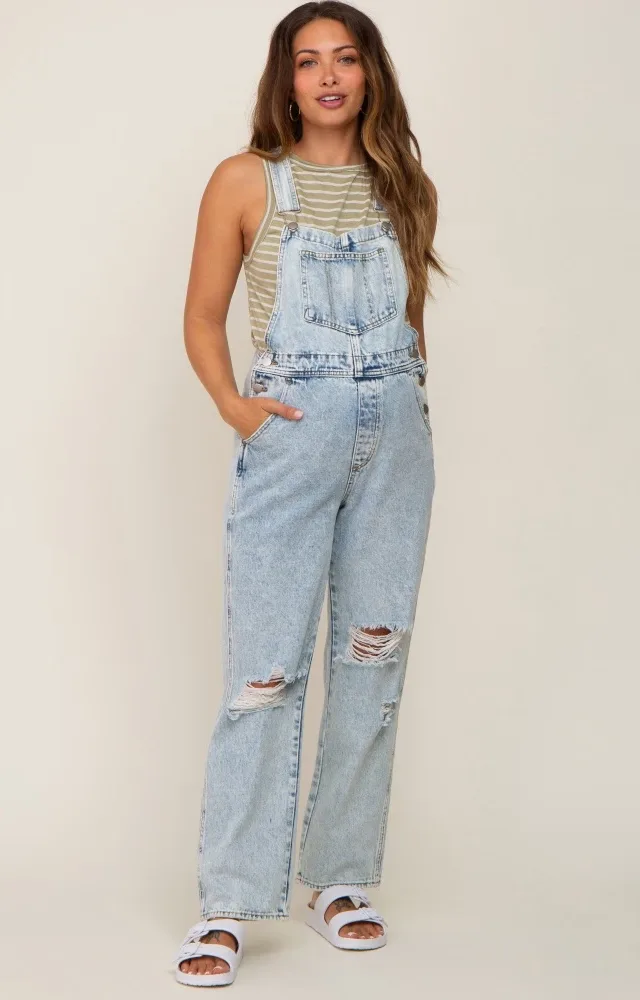 Light Wash Distressed Denim Maternity Overalls