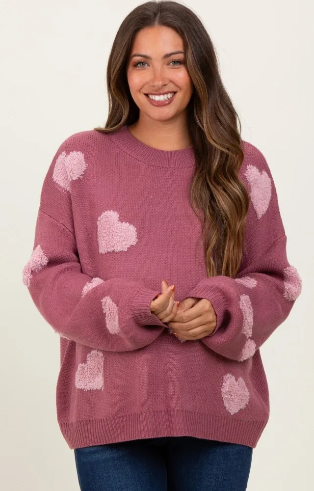 Mauve Heart Print Oversized Maternity Sweater