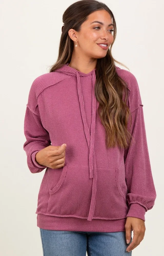 Mauve Ribbed Front Pocket Maternity Drawstring Hoodie