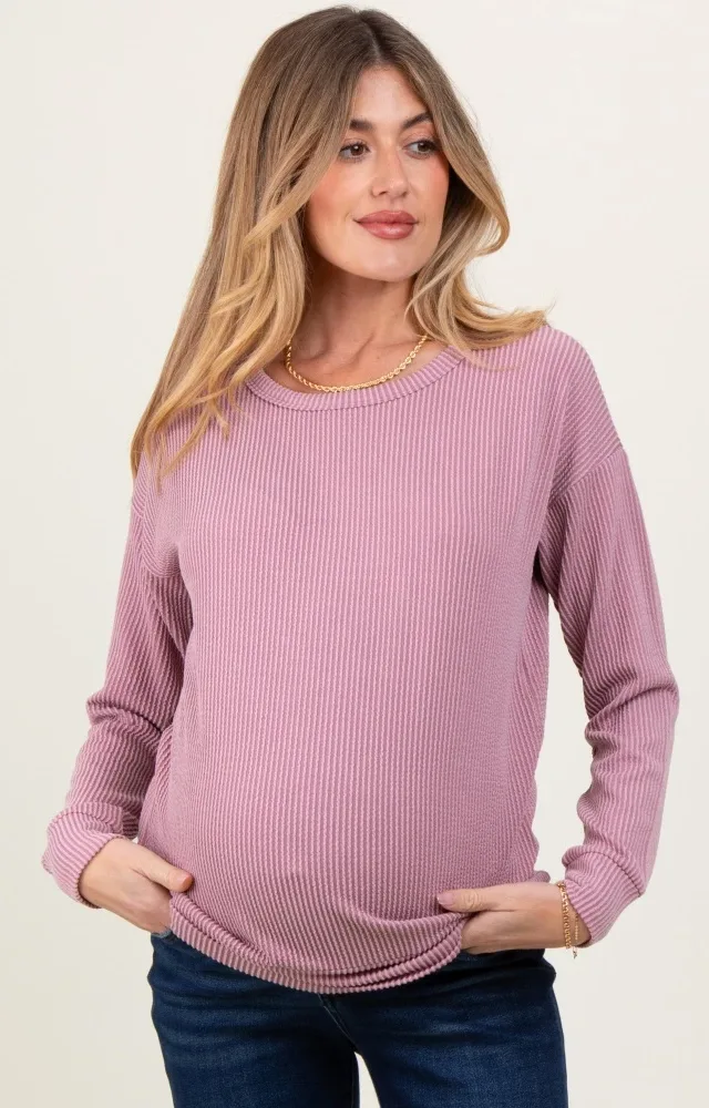 Mauve Ribbed Long Sleeve Maternity Pullover Top