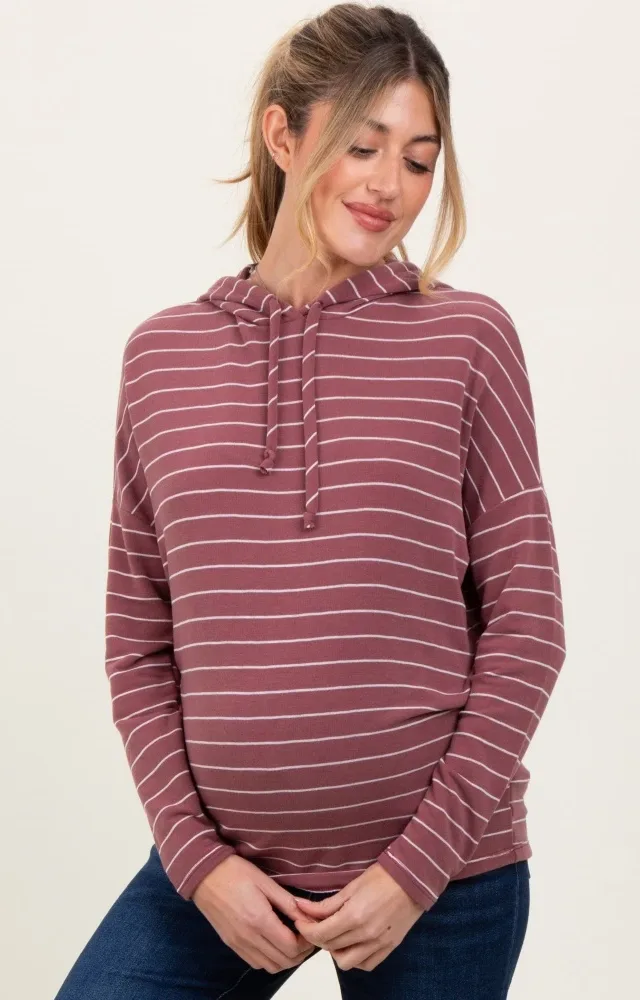 Mauve Striped Drawstring Hoodie Maternity Top