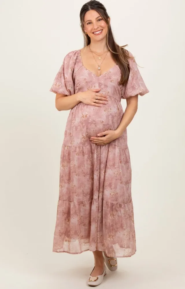 Mauve Watercolor Floral Puff Sleeve Tiered Maternity Maxi Dress