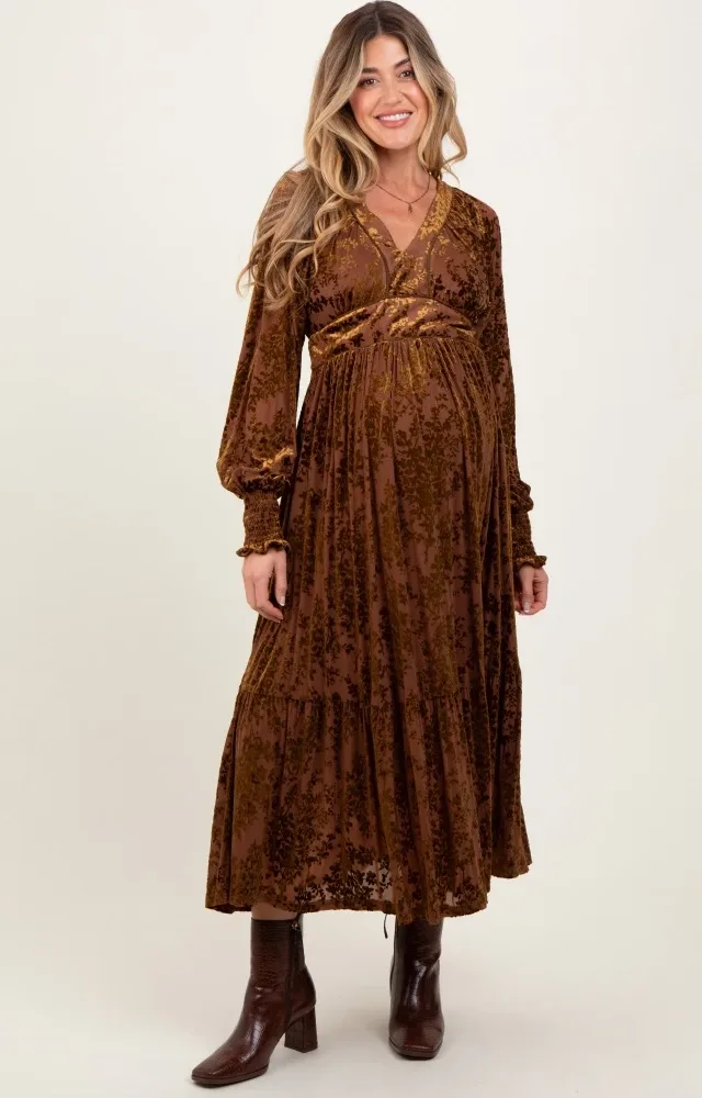 Mocha Floral Velvet Overlay Maternity Maxi Dress