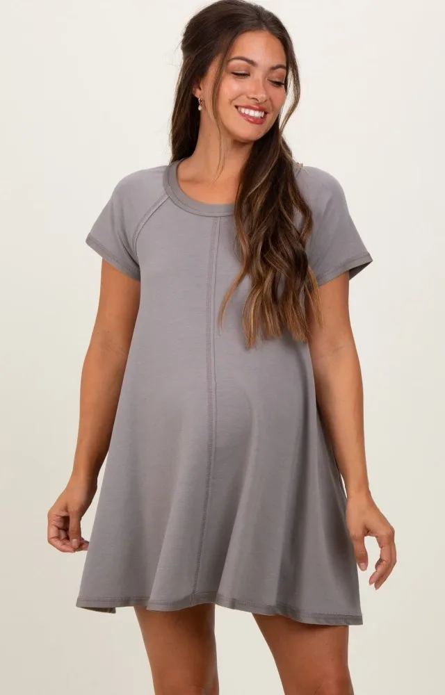 Mocha French Terry Basic Short Sleeve Maternity Mini Dress