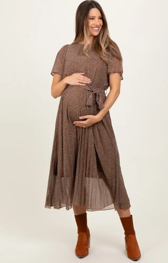 Mocha Leaf Print Maternity Midi Dress