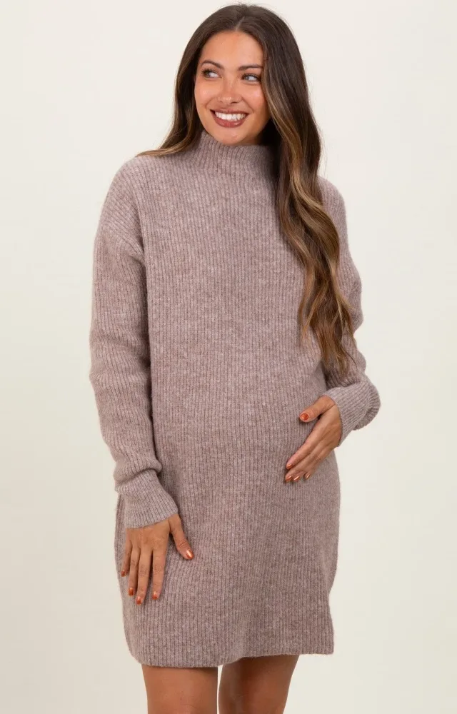 Mocha Mock Neck Maternity Mini Sweater Dress