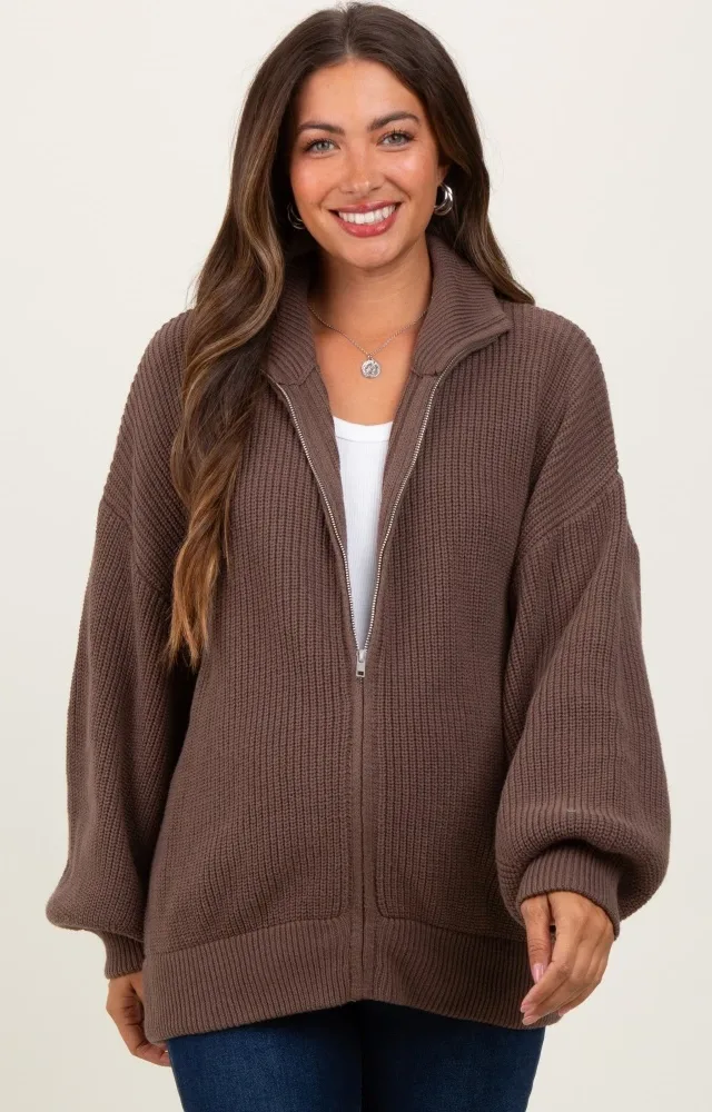 Mocha Oversized Zip Up Maternity Cardigan