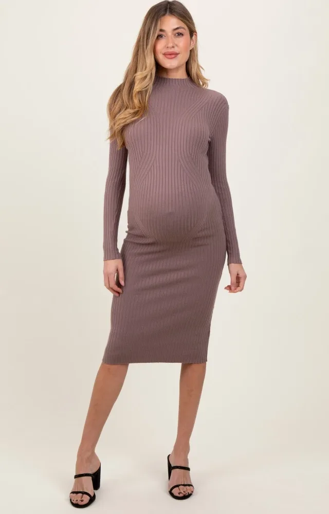 Mocha Ribbed Knit Mock Neck Long Sleeve Maternity Midi Dress