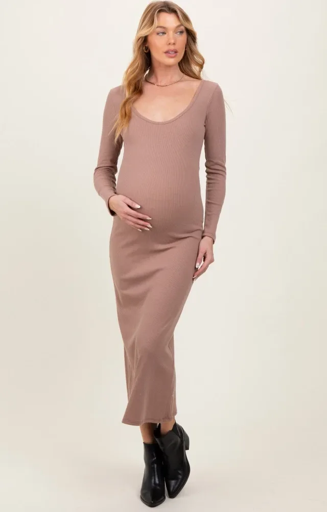 Mocha Scoop Neck Long Sleeve Maternity Midi Dress