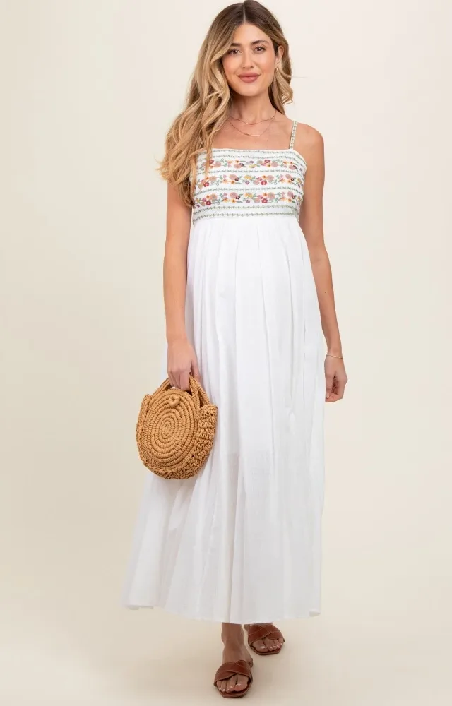 Multi-Color Floral Embroidered Lace-Up Back Maternity Maxi Dress