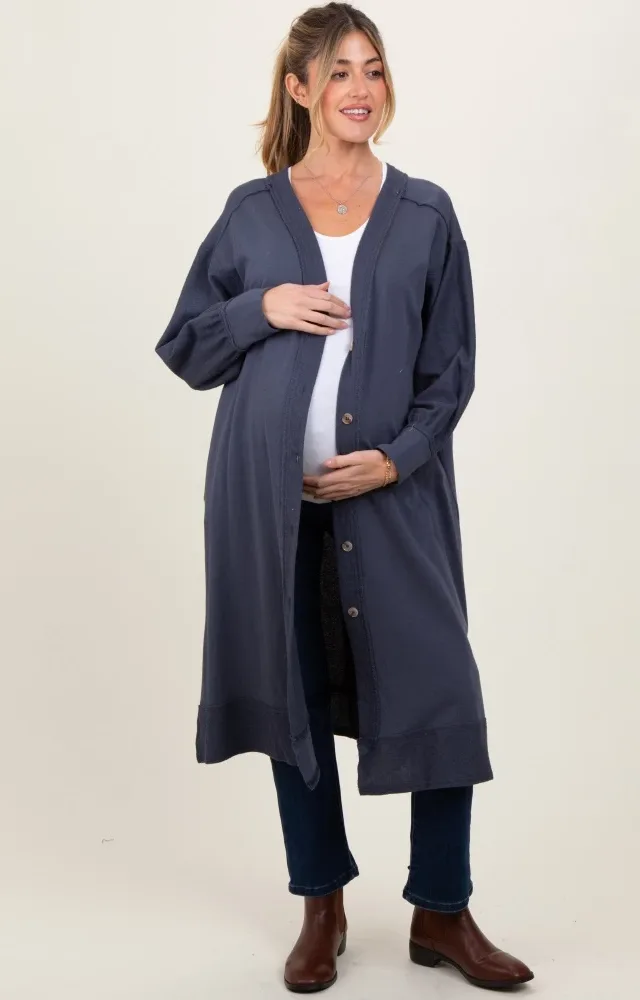 Navy Button Down Long Maternity Cardigan