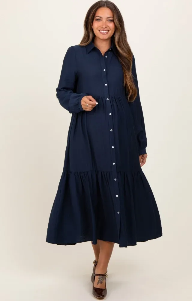 Navy Button Down Long Sleeve Maternity Midi Shirt Dress