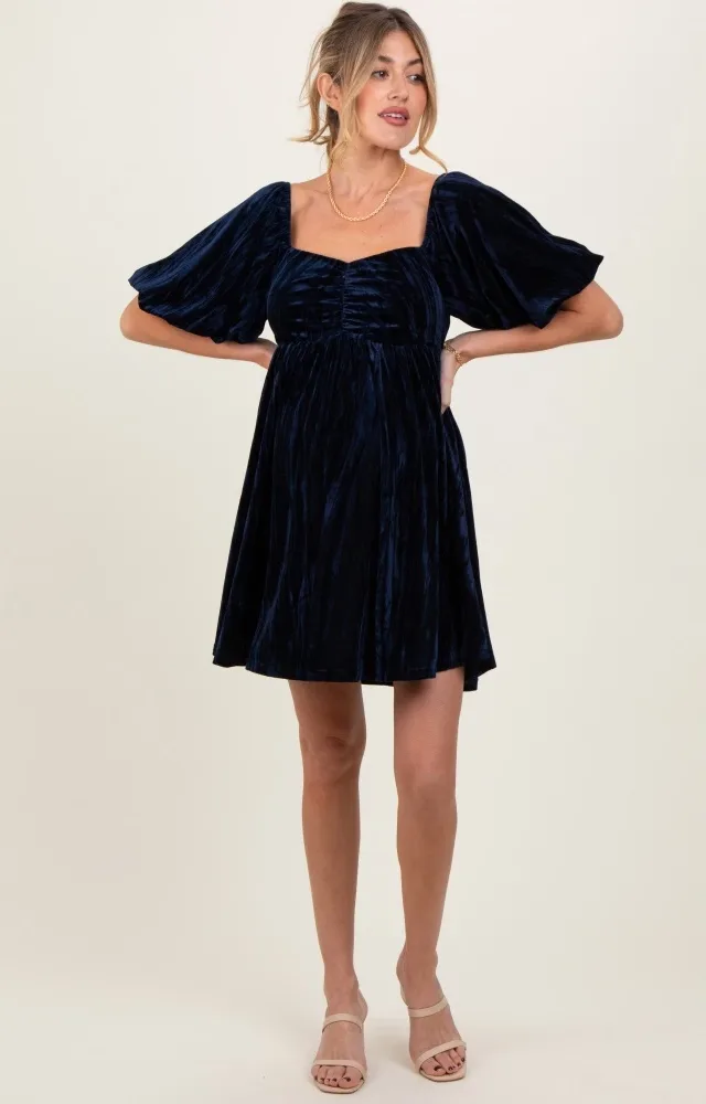 Navy Crushed Velvet Puff Sleeve Maternity Mini Dress