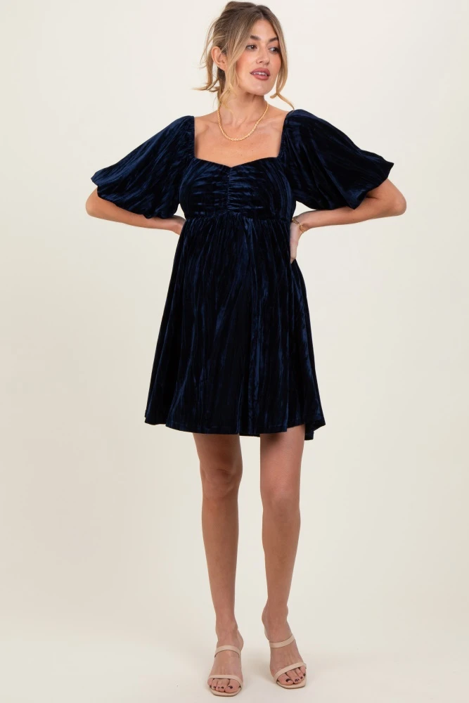 Navy Crushed Velvet Puff Sleeve Maternity Mini Dress