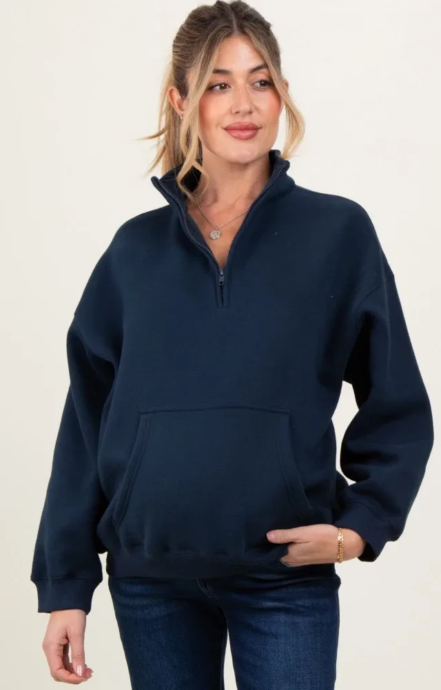 Navy Fleece Oversized Half Zip Maternity Pullover