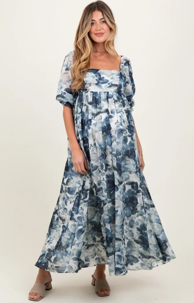 Navy Floral 3/4 Puff Sleeve Maternity Maxi Dress