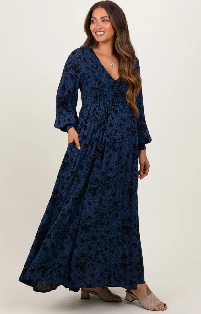 Navy Floral Smocked Button Detail Maternity Maxi Dress