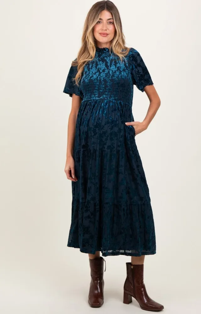 Navy Floral Velvet Print Smocked Maternity Midi Dress