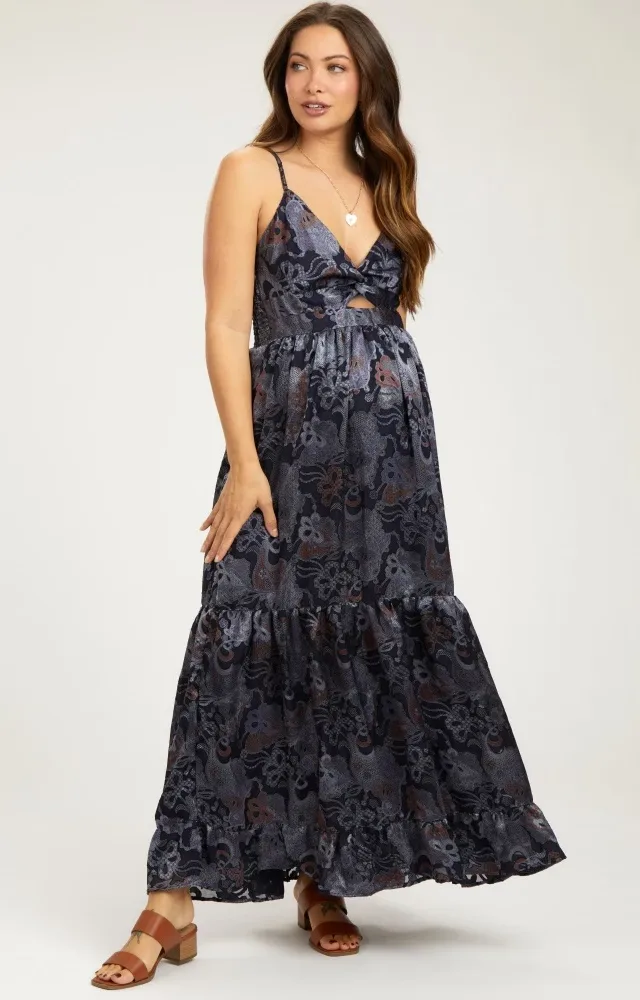 Navy Printed Front Twist Maternity Maxi Dress