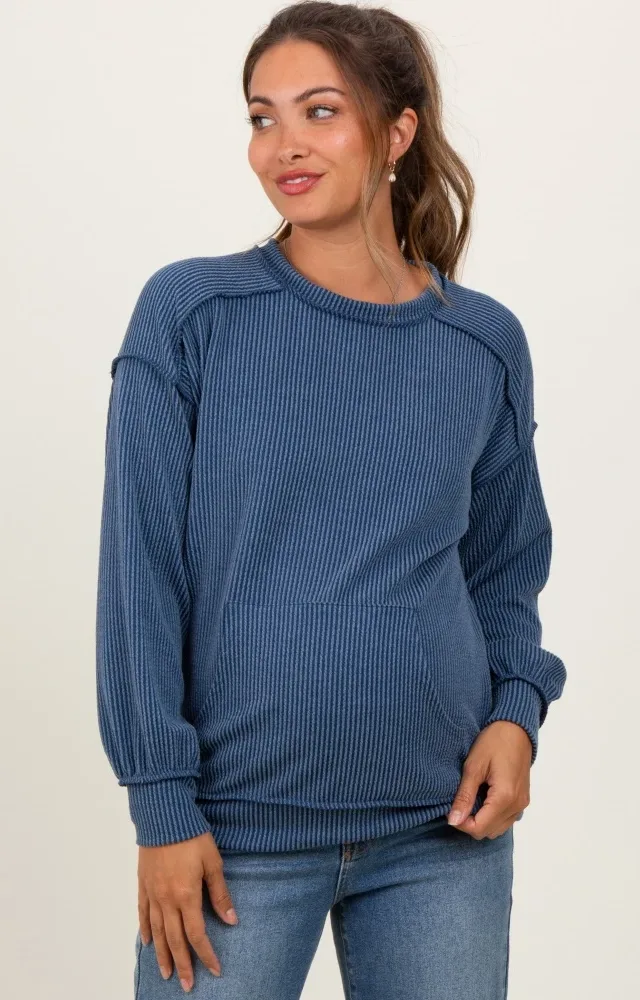 Navy Ribbed Knit Front Pocket Maternity Pullover