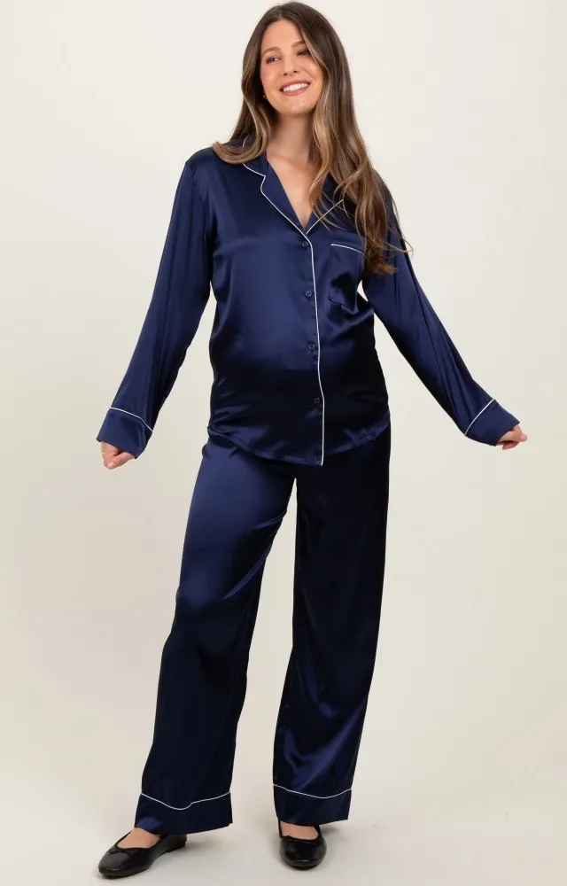 Navy Satin Contrast Trim Long Sleeve Maternity Pajama Set