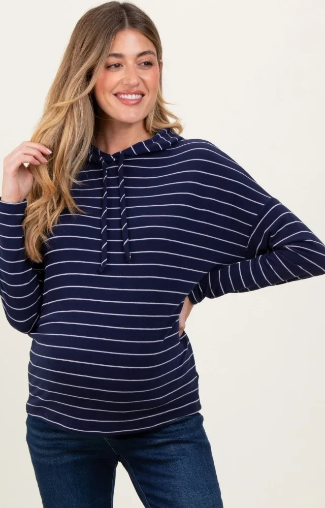 Navy Striped Drawstring Hoodie Maternity Top