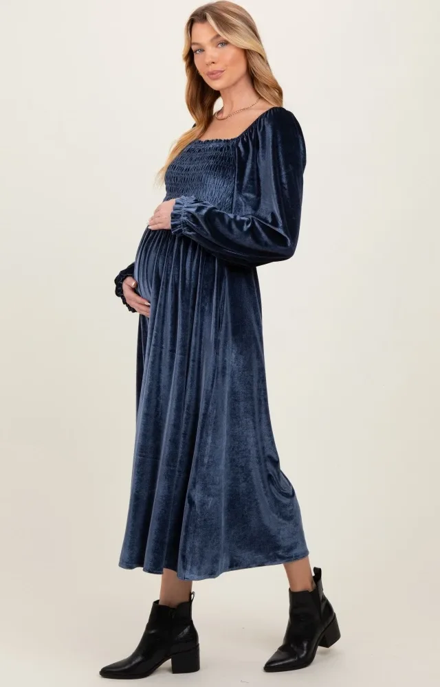 Navy Velvet Smocked Long Sleeve Maternity Maxi Dress