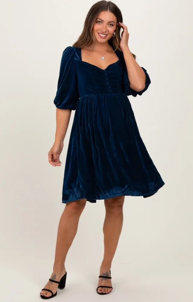 Navy Velvet Sweetheart Button Accent Maternity Dress