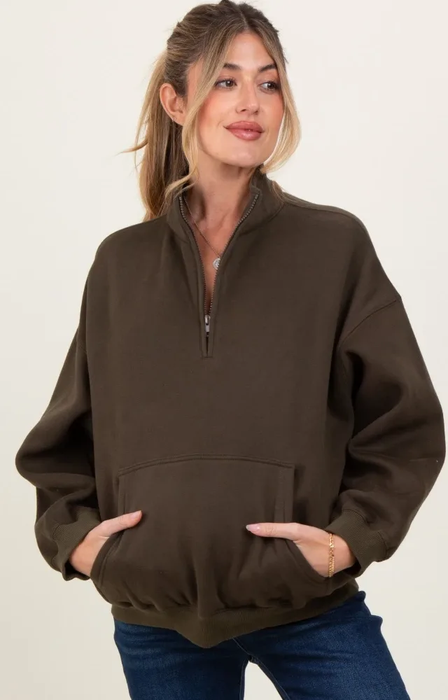 Olive Fleece Oversized Half Zip Maternity Pullover