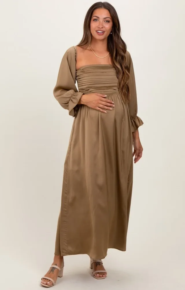 Olive Off Shoulder Satin Pleated Bodice Maternity Maxi Dress