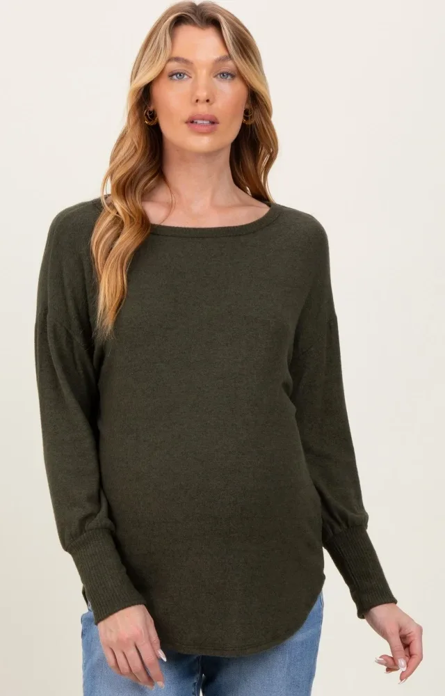 Olive Premium Basic Cuffed Loose Fit Maternity Top