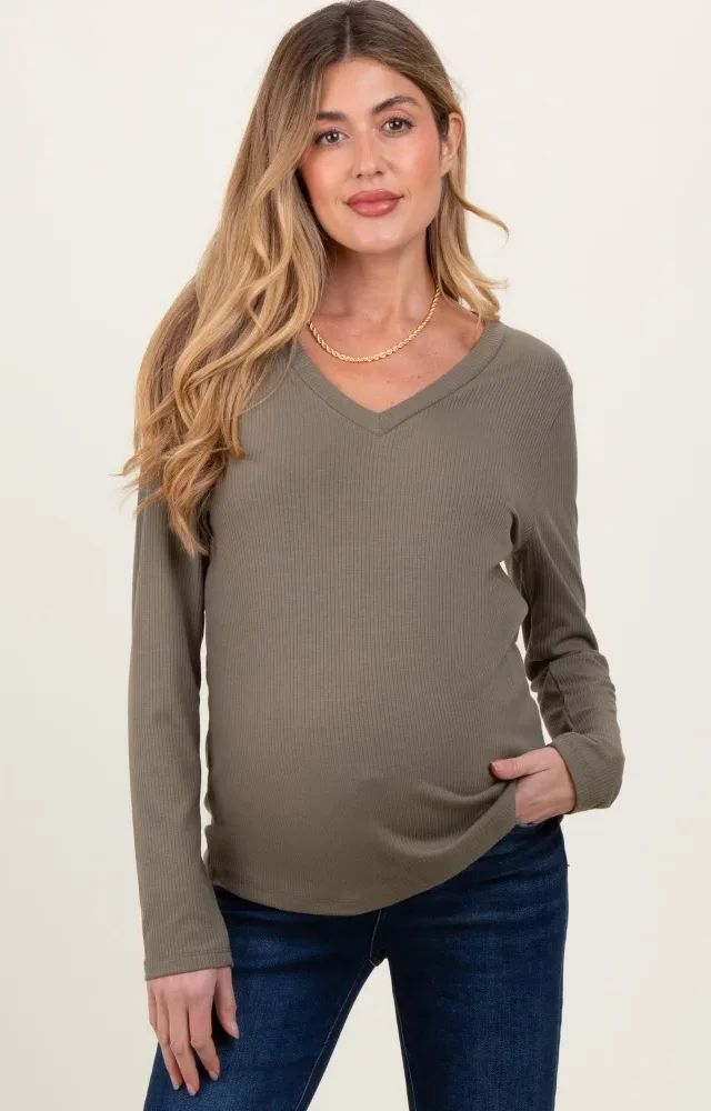 Olive Ribbed Knit V-Neck Maternity Long Sleeve Top