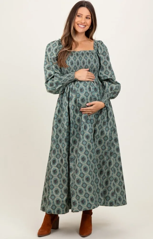 Olive Smocked Printed Square Neck Maternity Maxi Dress