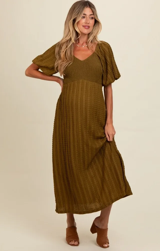 Olive Smocked V-Neck Short Puff Sleeve Textured Maternity Midi Dress