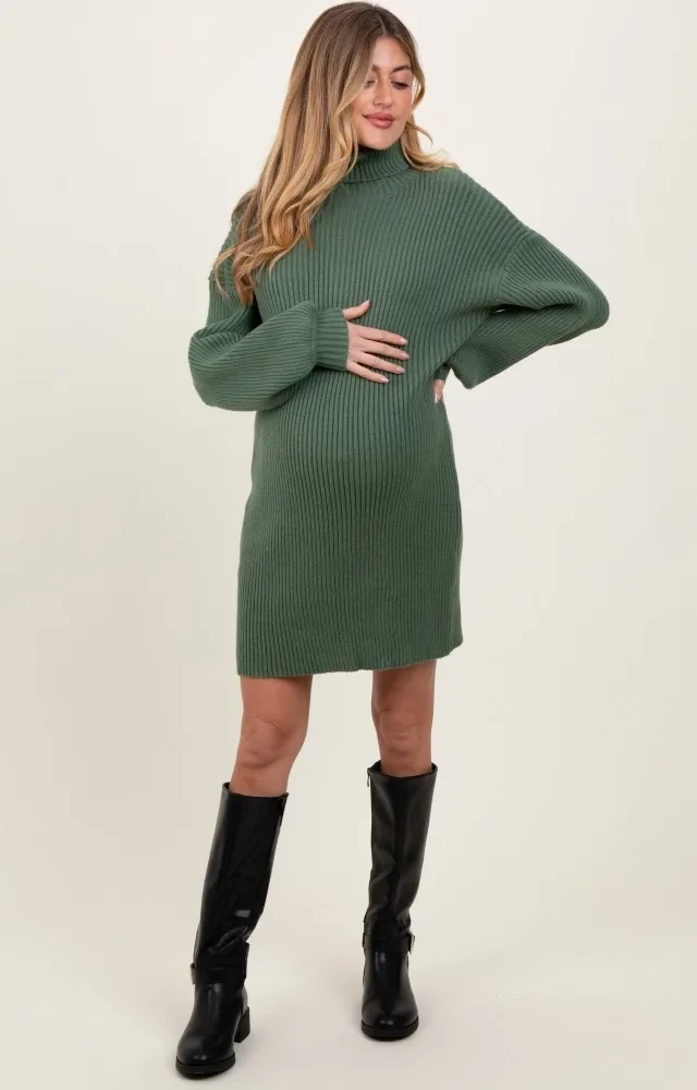 Olive Turtleneck Ribbed Maternity Sweater Dress