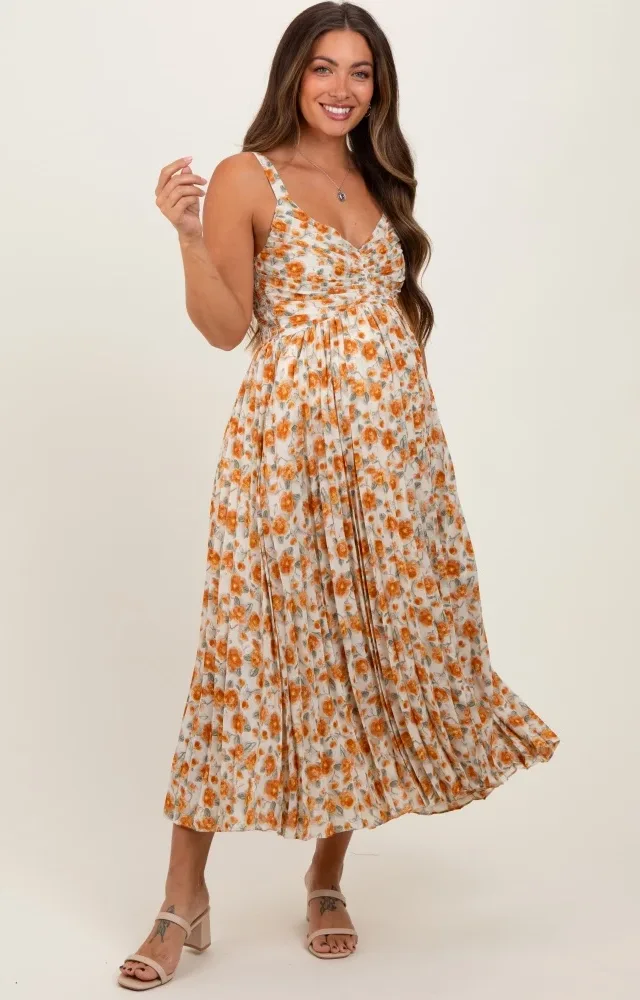 Peach Floral Pleated Maternity Midi Dress