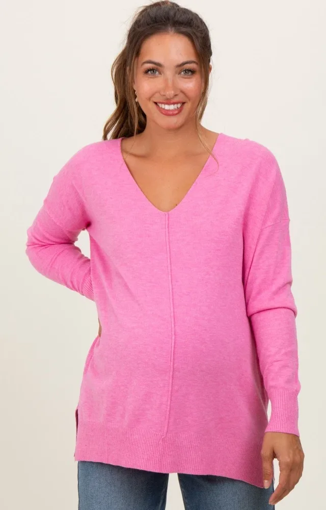 Pink Coral Front Seam V-Neck Side Slit Maternity Sweater