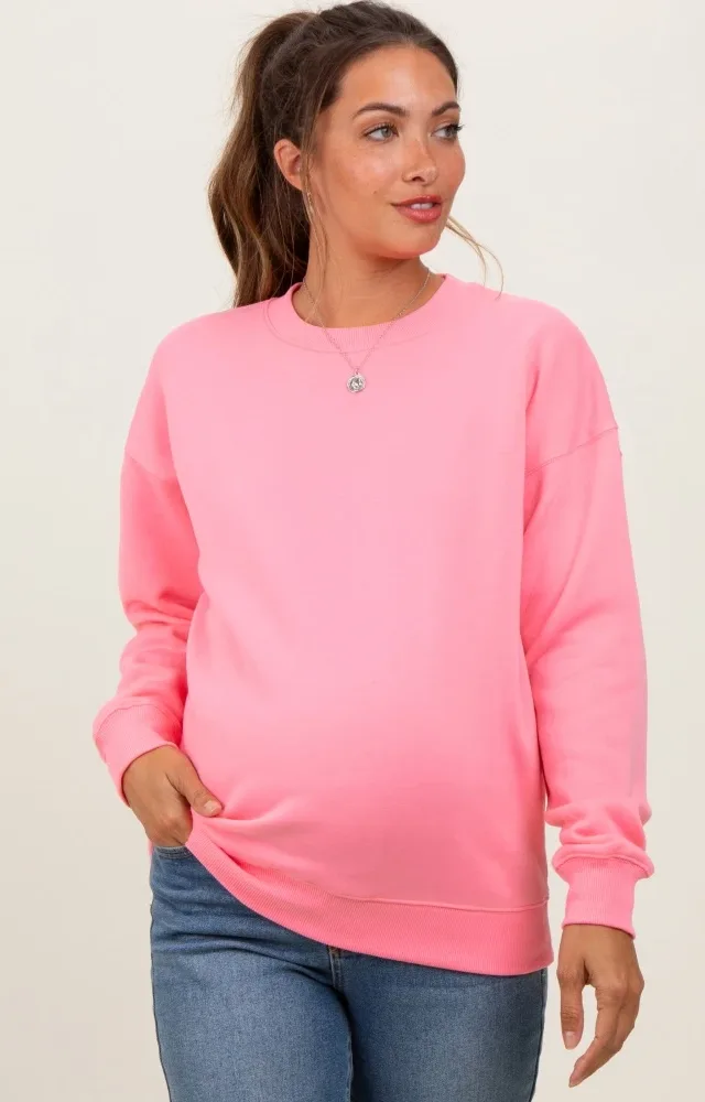 Pink Fleece Crew Neck Relaxed Fit Maternity Sweatshirt