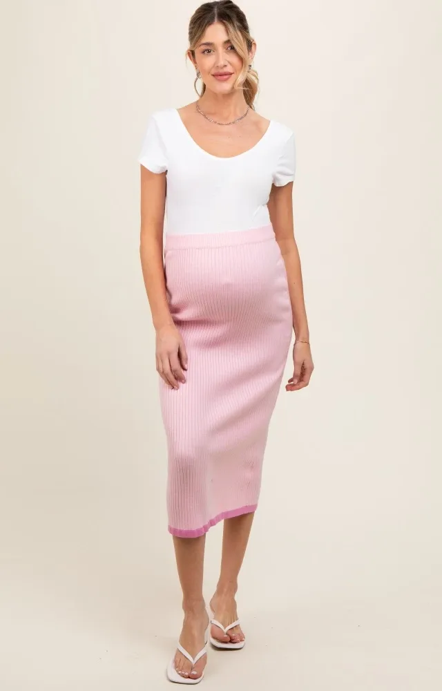 Pink Rib Knit Maternity Midi Skirt