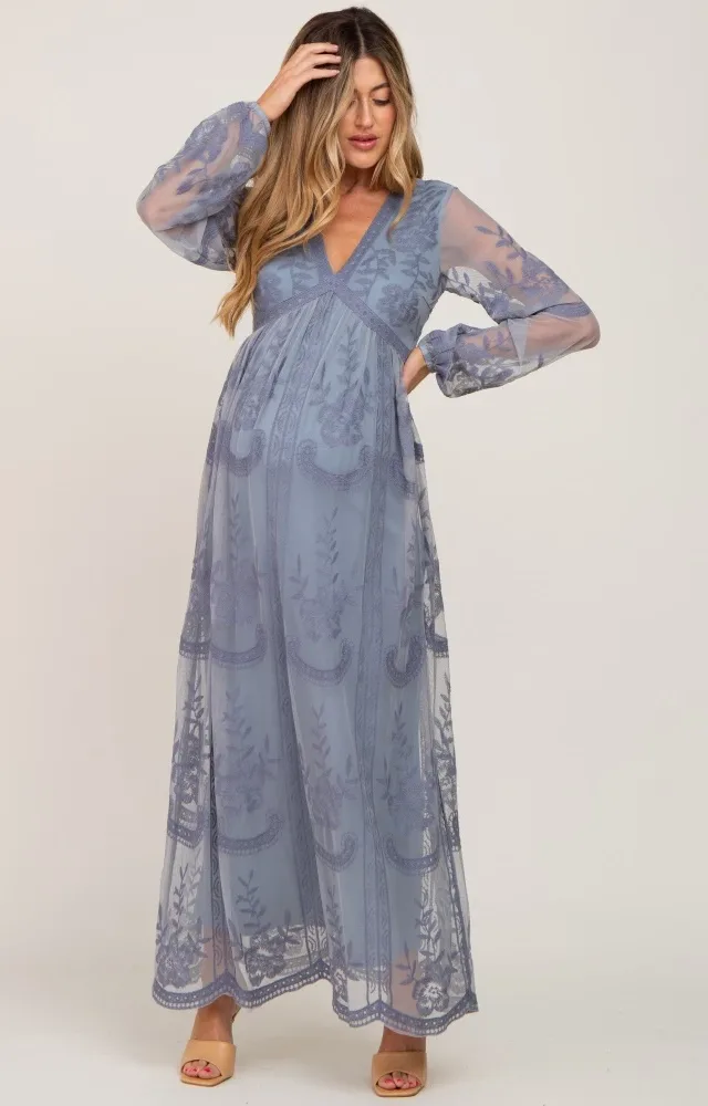 Pinkblush Blue Grey Lace Mesh Overlay Long Sleeve Maternity Maxi Dress