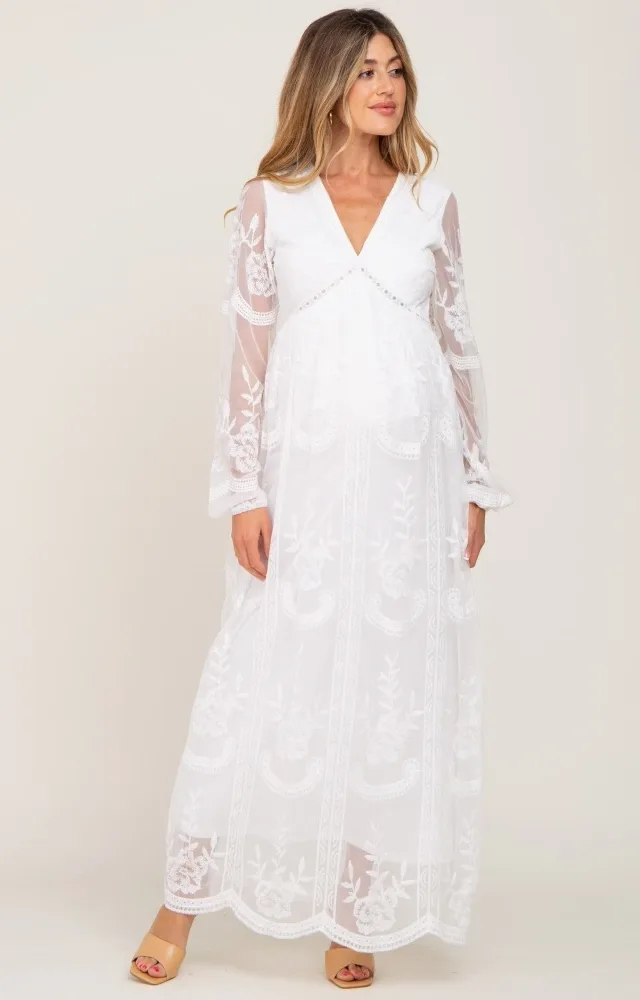 Pinkblush White Lace Mesh Long Sleeve Maternity Dress