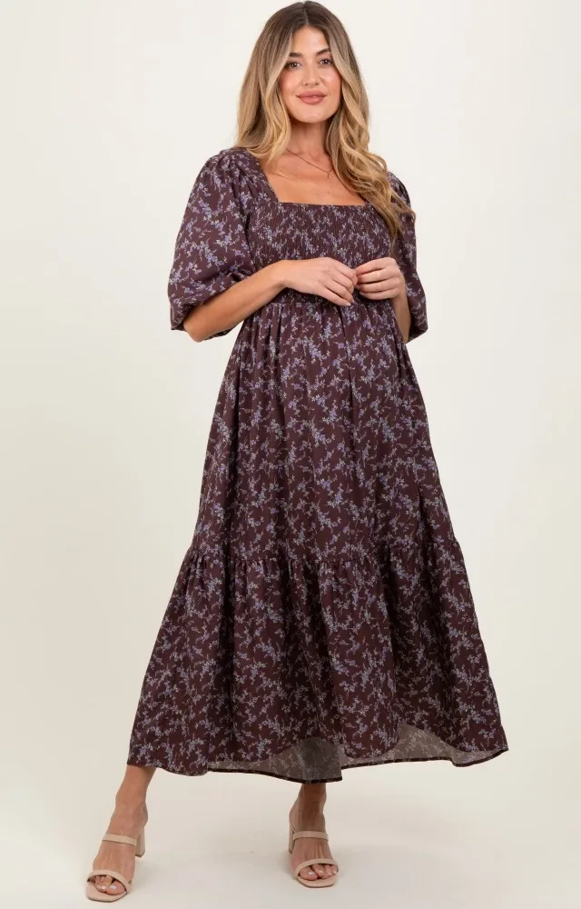 Plum Floral Smocked Hi-Low Puff Sleeve Maternity Maxi Dress