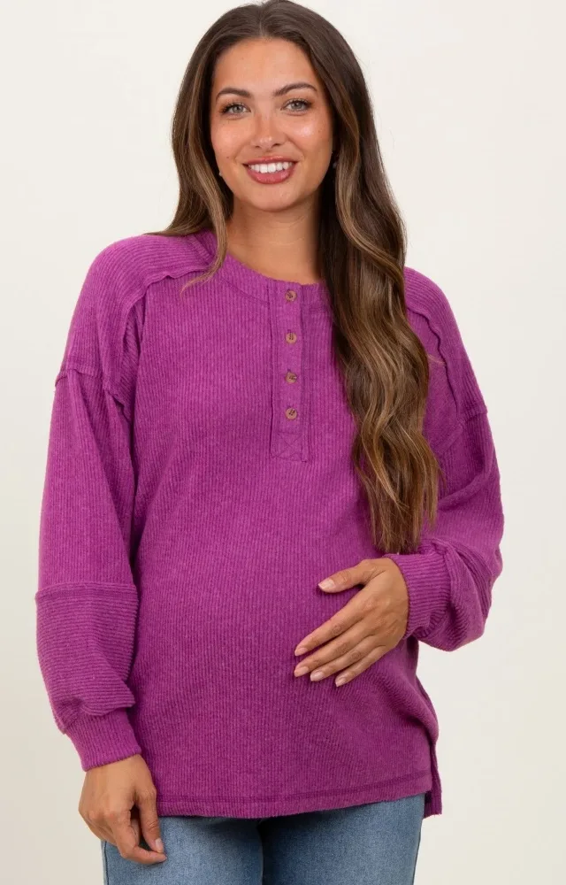 Plum Oversized Ribbed Knit Henley Maternity Sweater