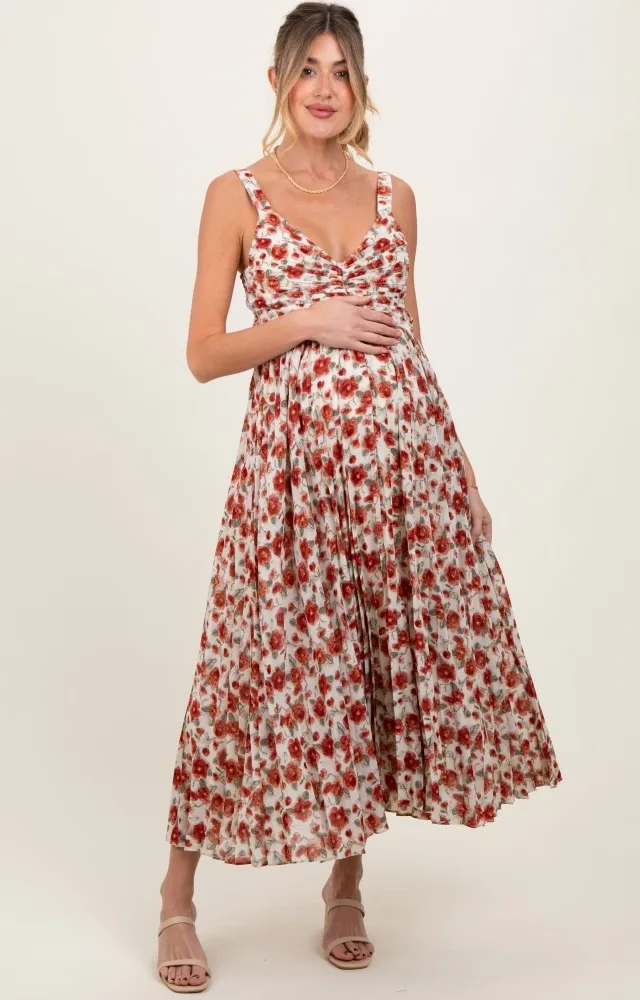 Red Floral Pleated Maternity Midi Dress