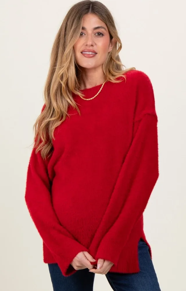 Red Fuzzy Knit Oversized Maternity Sweater